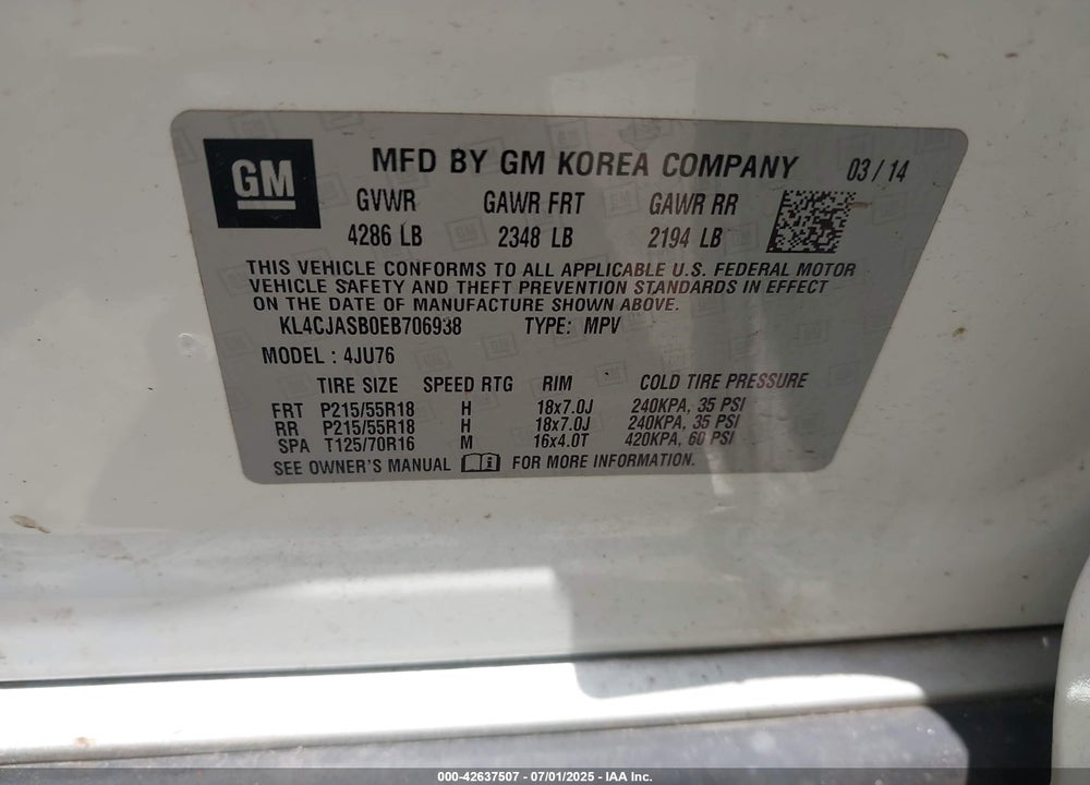 2014 BUICK ENCORE VIN: KL4CJASB0EB706938