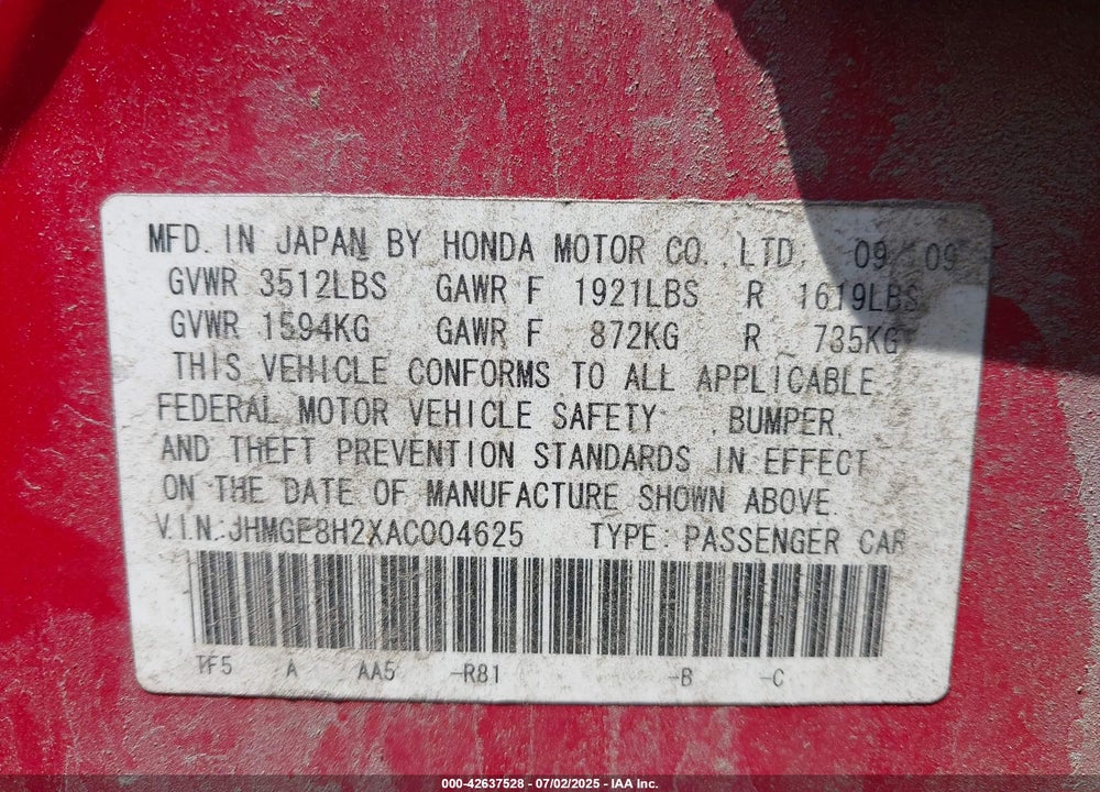 2010 HONDA FIT VIN: JHMGE8H2XAC004625