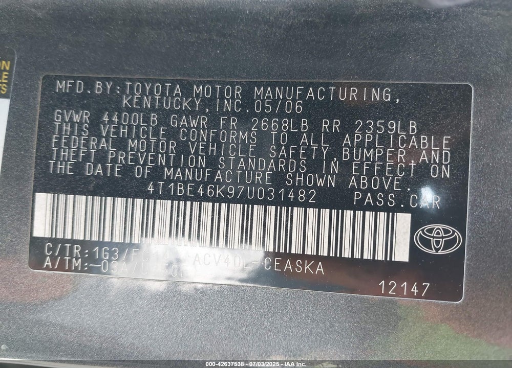 2007 TOYOTA CAMRY SE VIN: 4T1BE46K97U031482