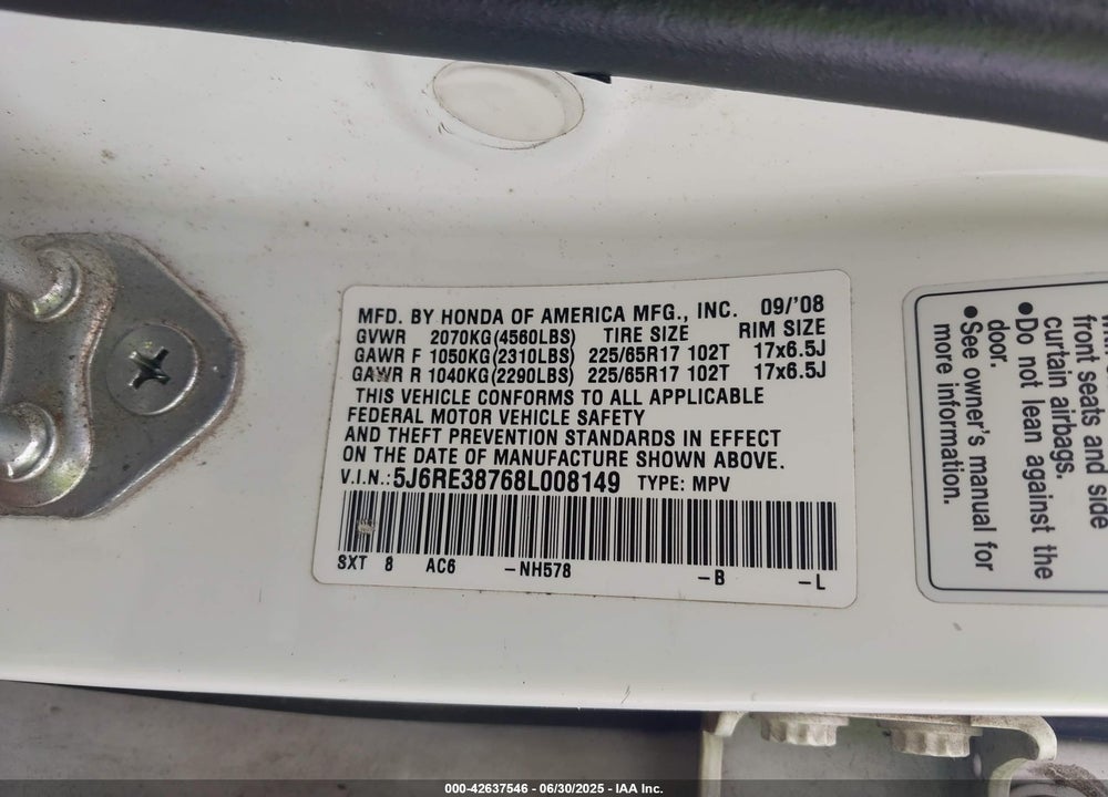2008 HONDA CR-V VIN: 5J6RE38768L008149