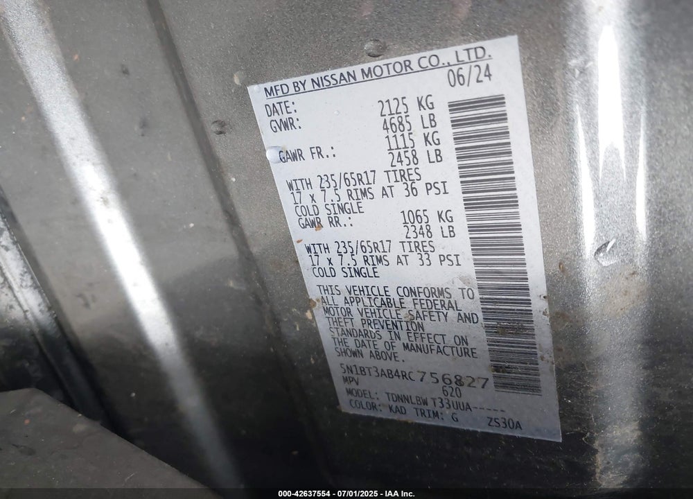 2024 NISSAN ROGUE VIN: 5N1BT3AB4RC756827