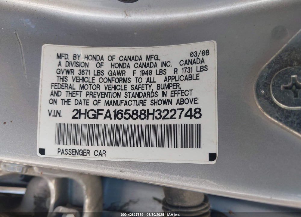 2008 HONDA CIVIC VIN: 2HGFA16588H322748