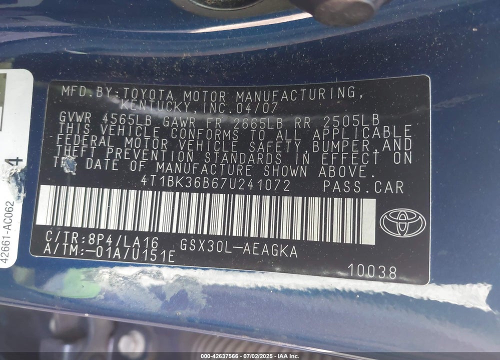 2007 TOYOTA AVALON VIN: 4T1BK36B67U241072