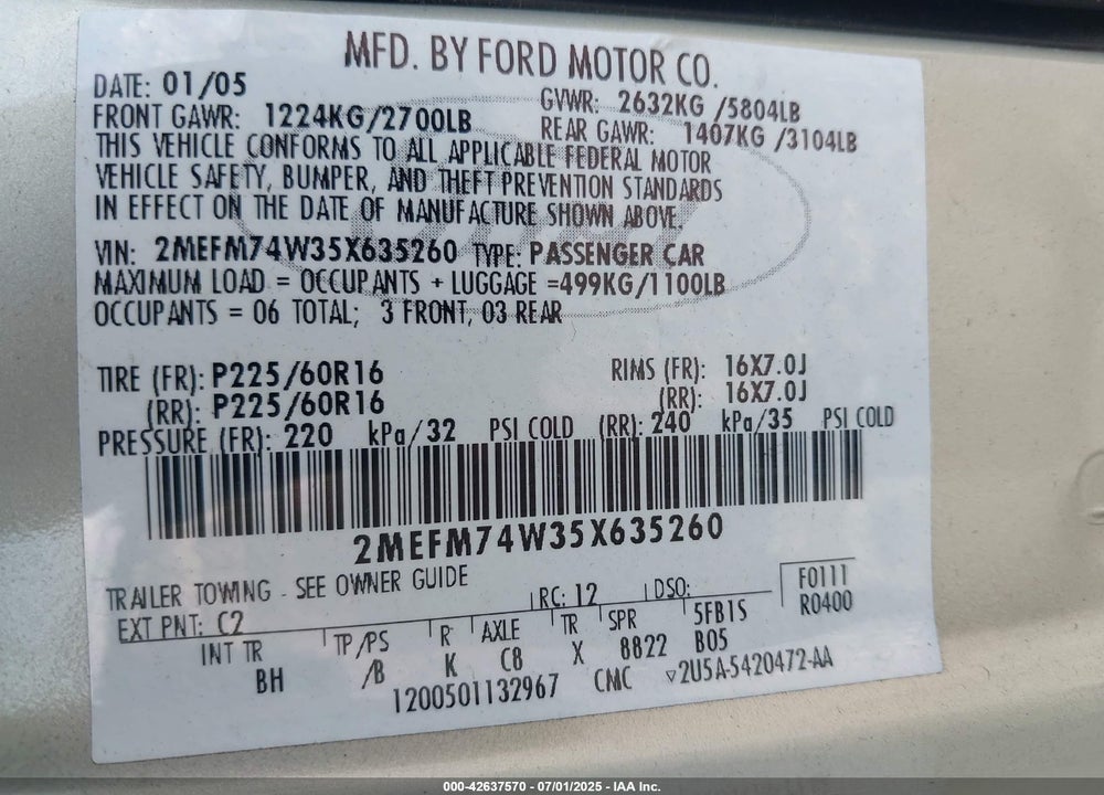 2005 MERCURY GRAND MARQUIS GS VIN: 2MEFM74W35X635260