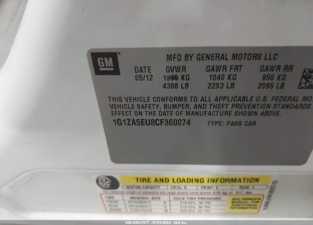2012 CHEVROLET MALIBU VIN: 1G1ZA5EU8CF360074