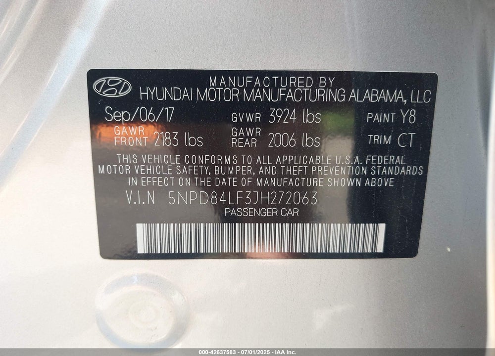 2018 HYUNDAI ELANTRA VIN: 5NPD84LF3JH272063