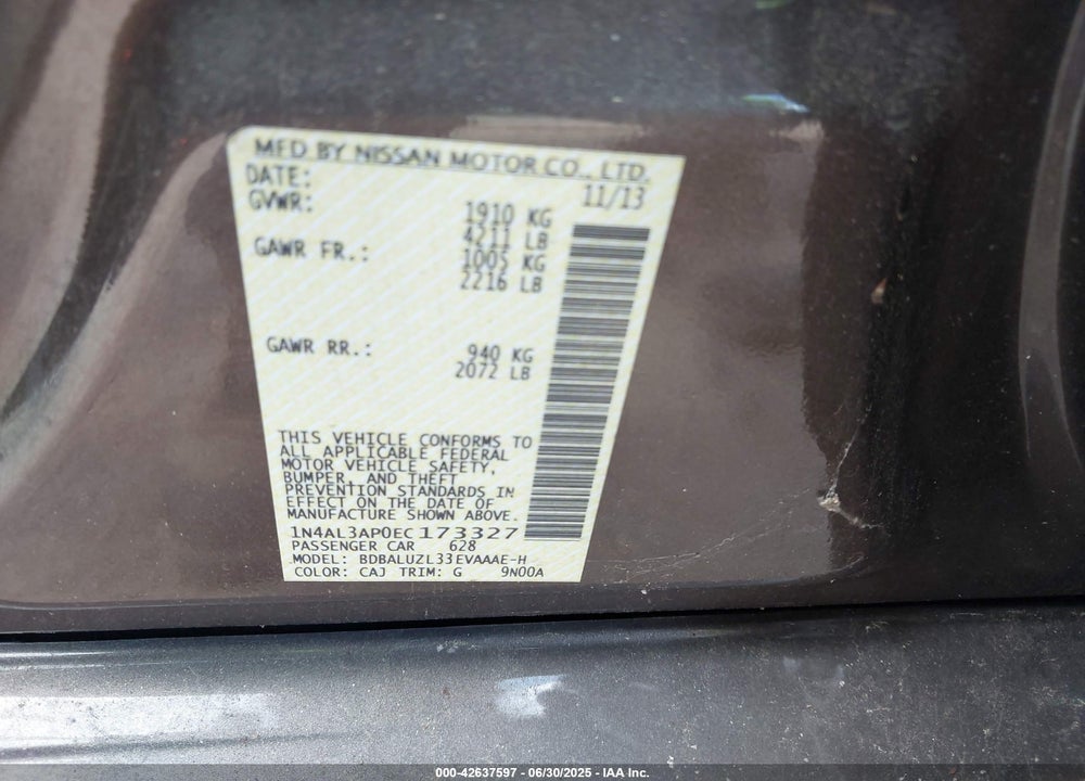 2014 NISSAN ALTIMA VIN: 1N4AL3AP0EC173327