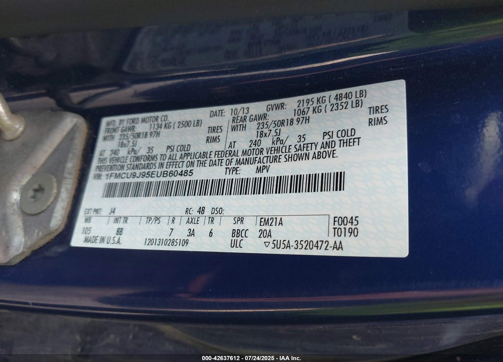 2014 FORD ESCAPE VIN: 1FMCU9J95EUB60485