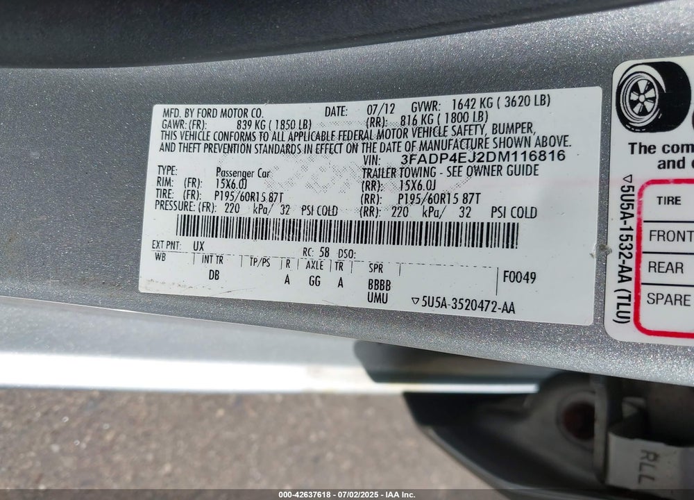2013 FORD FIESTA VIN: 3FADP4EJ2DM116816