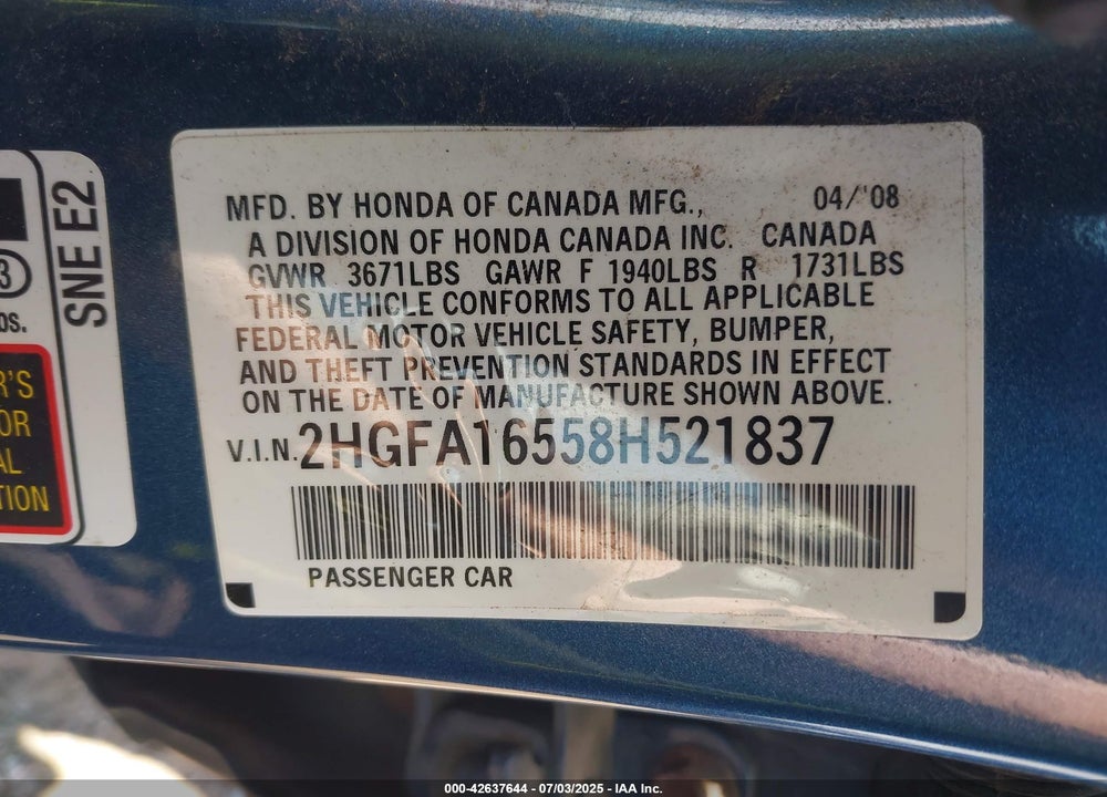 2008 HONDA CIVIC VIN: 2HGFA16558H521837