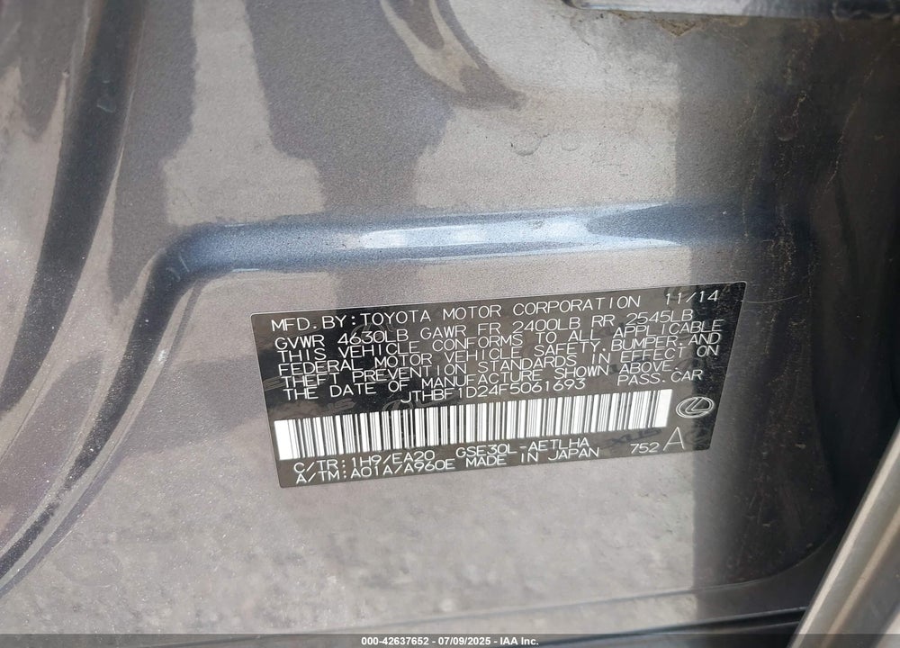 2015 LEXUS IS 250 VIN: JTHBF1D24F5061693