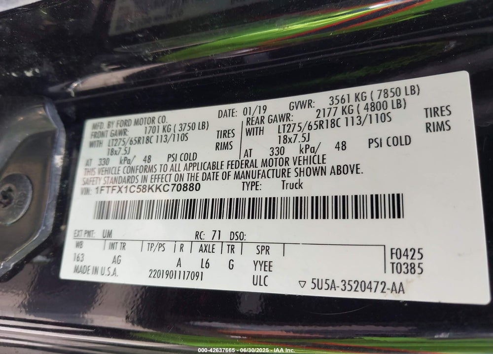 2019 FORD F-150 VIN: 1FTFX1C58KKC70880