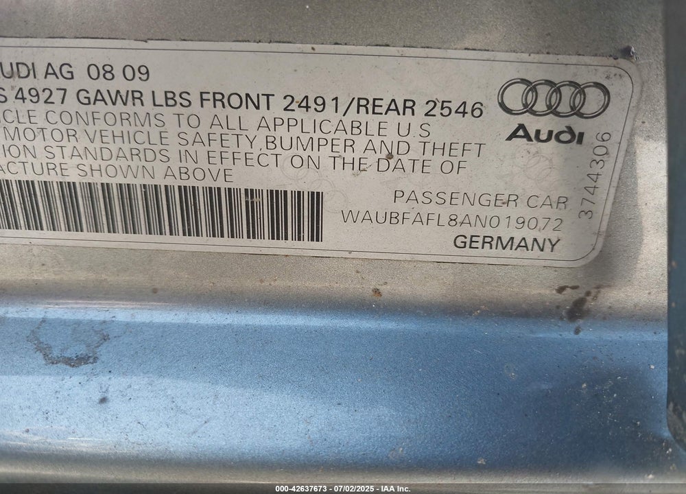 2010 AUDI A4 VIN: WAUBFAFL8AN019072