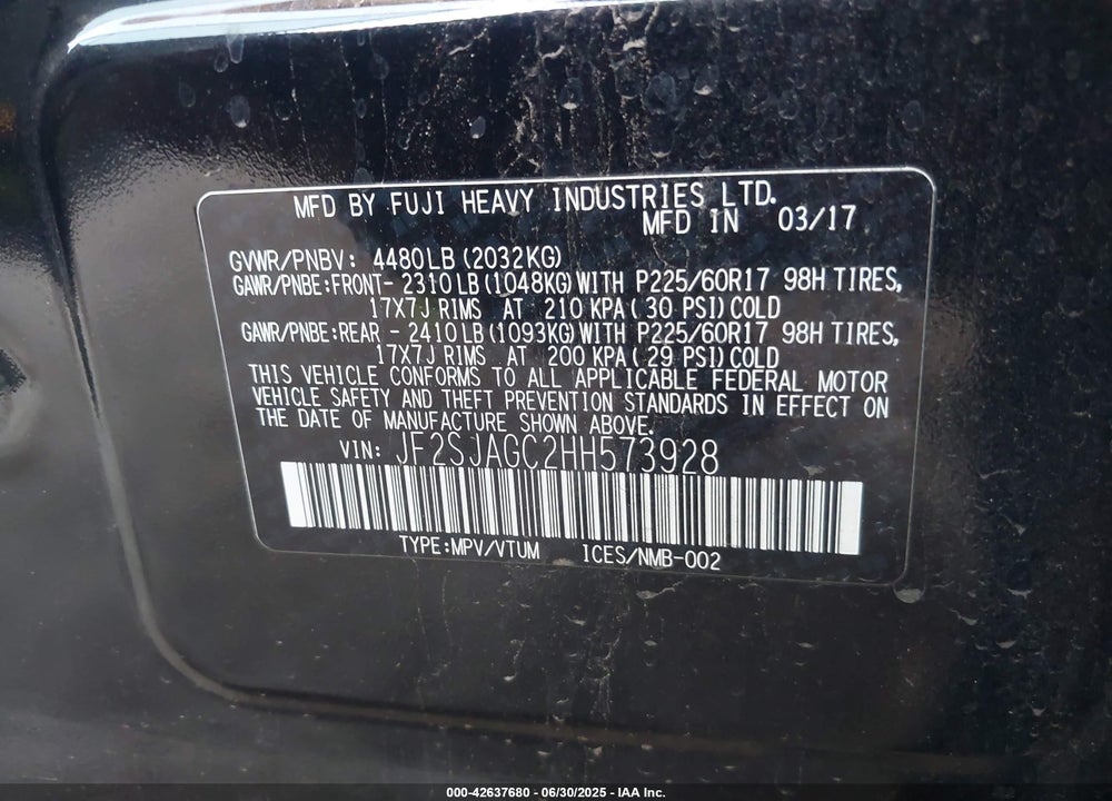 2017 SUBARU FORESTER VIN: JF2SJAGC2HH573928