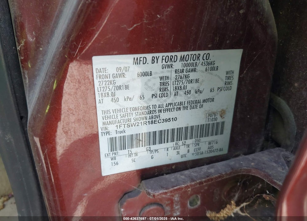 2008 FORD F-250 VIN: 1FTSW21R18EC39510