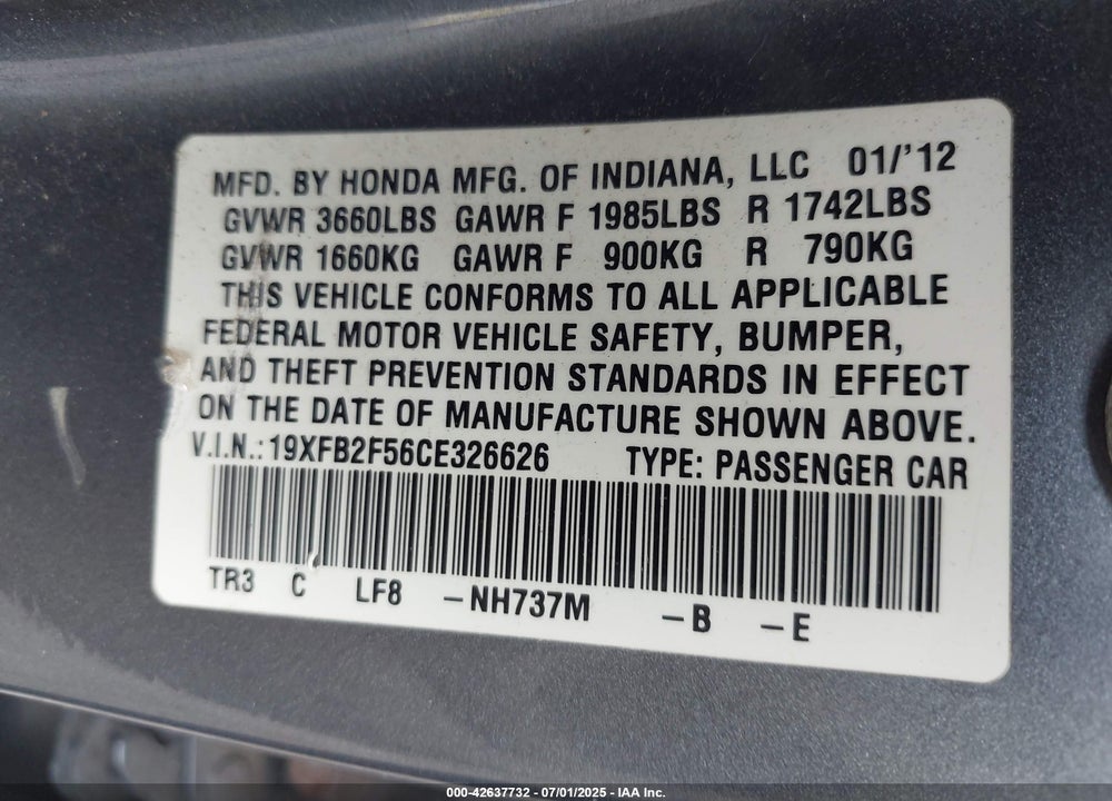 2012 HONDA CIVIC VIN: 19XFB2F56CE326626