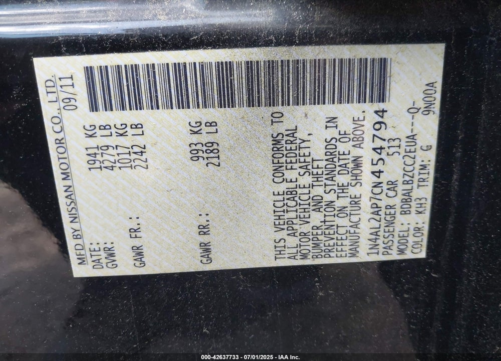 2012 NISSAN ALTIMA 2.5 S VIN: 1N4AL2AP7CN454794