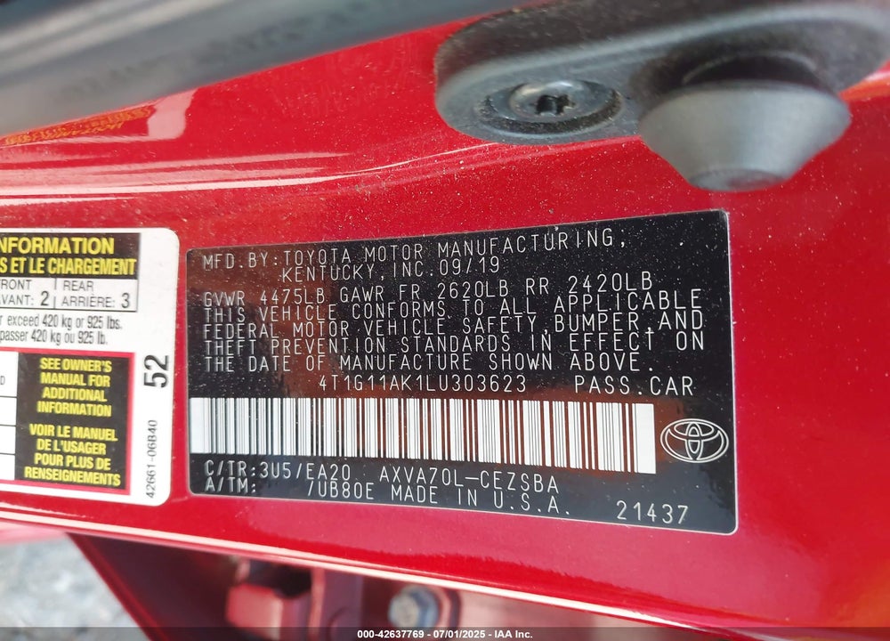 2020 TOYOTA CAMRY VIN: 4T1G11AK1LU303623