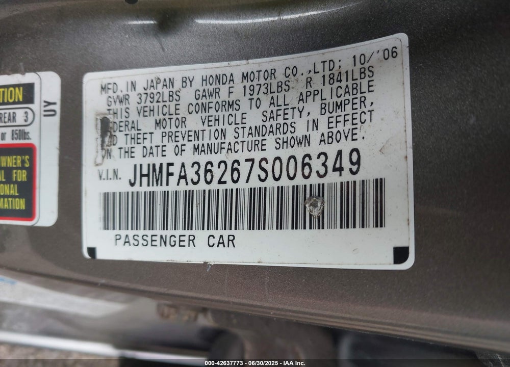 2007 HONDA CIVIC HYBRID VIN: JHMFA36267S006349