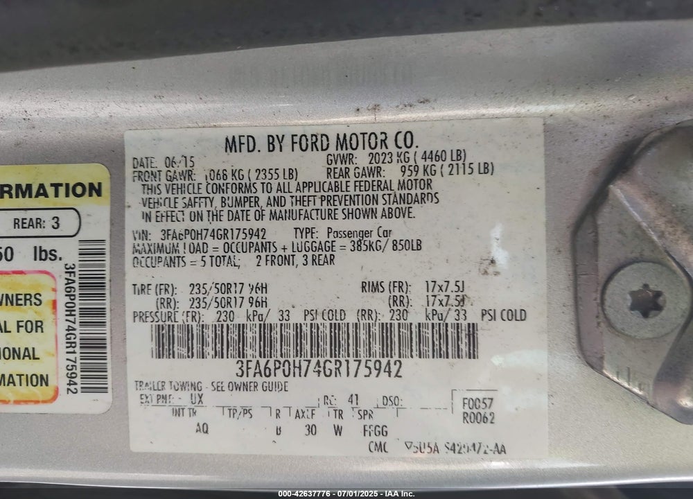 2016 FORD FUSION VIN: 3FA6P0H74GR175942