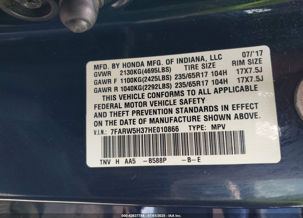 2017 HONDA CR-V LX VIN: 7FARW5H37HE010866