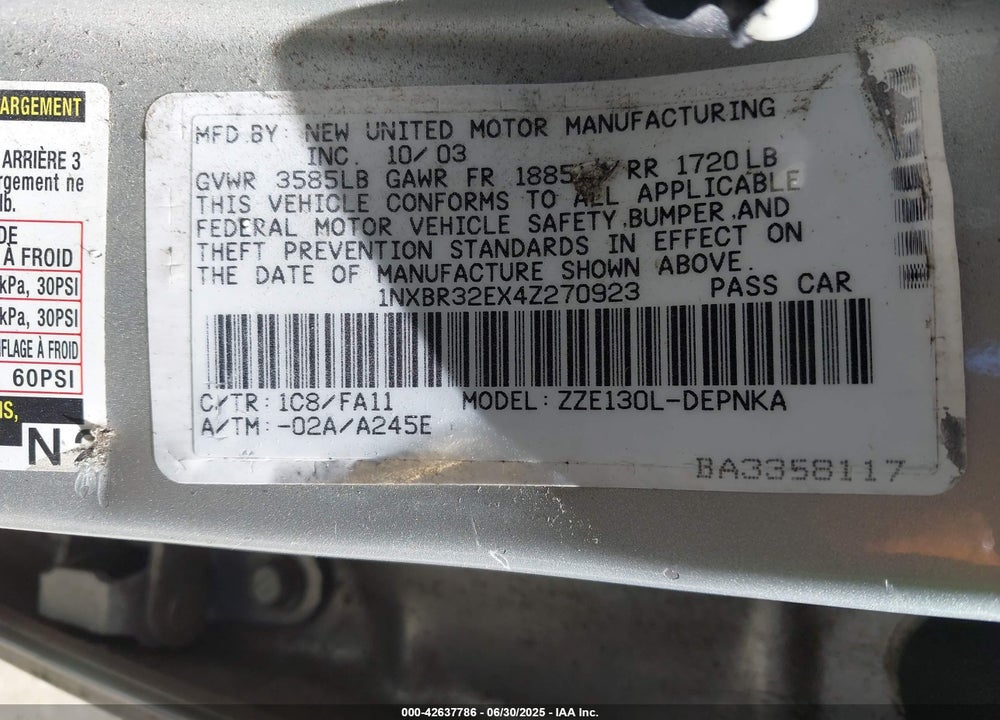 2004 TOYOTA COROLLA LE VIN: 1NXBR32EX4Z270923