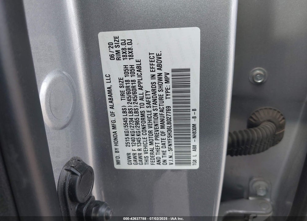 2020 HONDA PILOT VIN: 5FNYF5H36LB027769