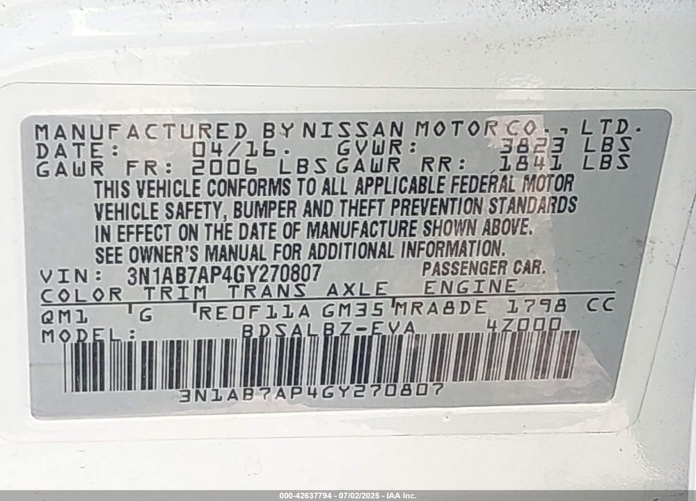 2016 NISSAN SENTRA VIN: 3N1AB7AP4GY270807