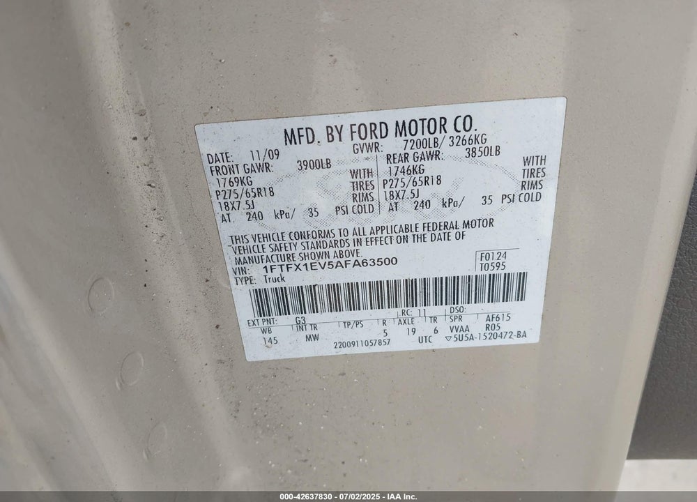 2010 FORD F-150 VIN: 1FTFX1EV5AFA63500