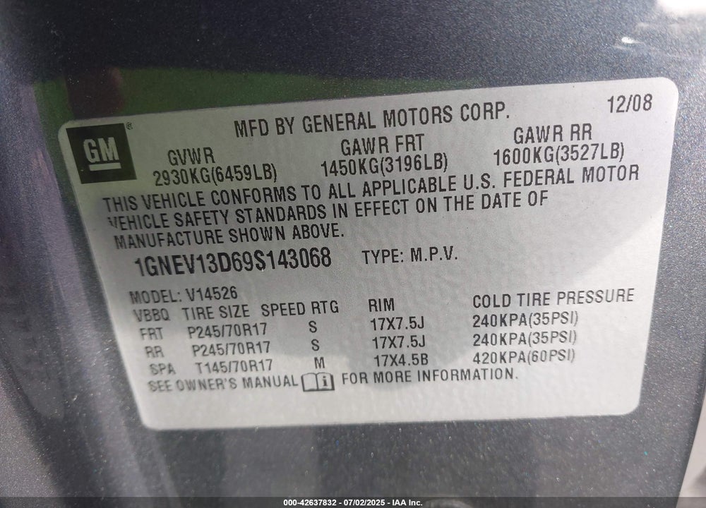 2009 CHEVROLET TRAVERSE VIN: 1GNEV13D69S143068