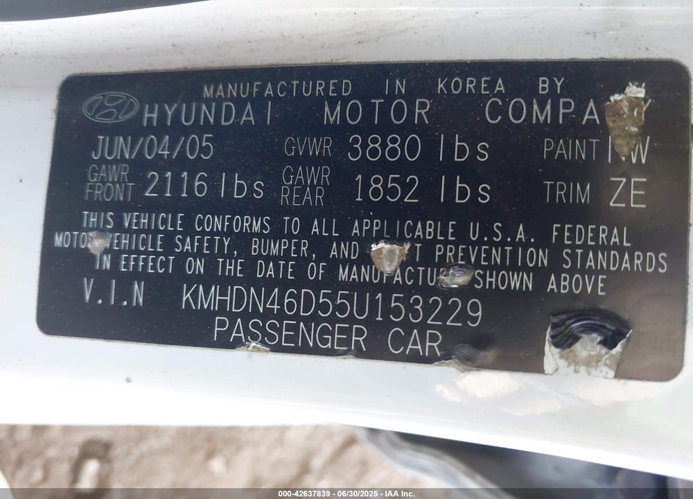 2005 HYUNDAI ELANTRA GLS/GT VIN: KMHDN46D55U153229