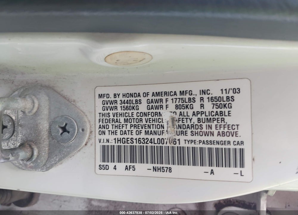 2004 HONDA CIVIC VP VIN: 1HGES16324L007061