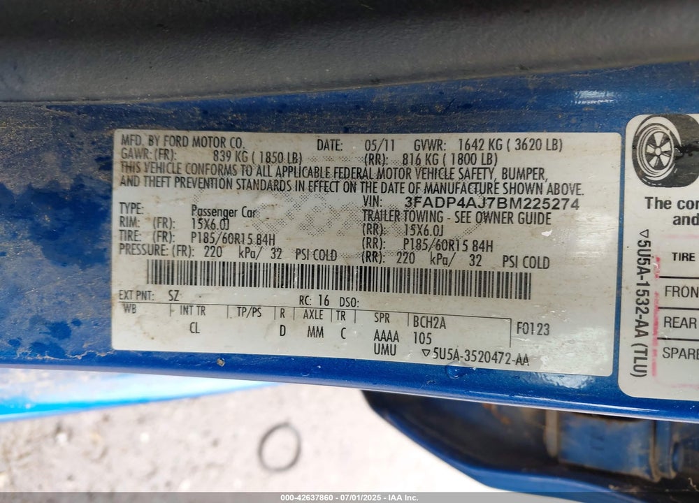 2011 FORD FIESTA VIN: 3FADP4AJ7BM225274