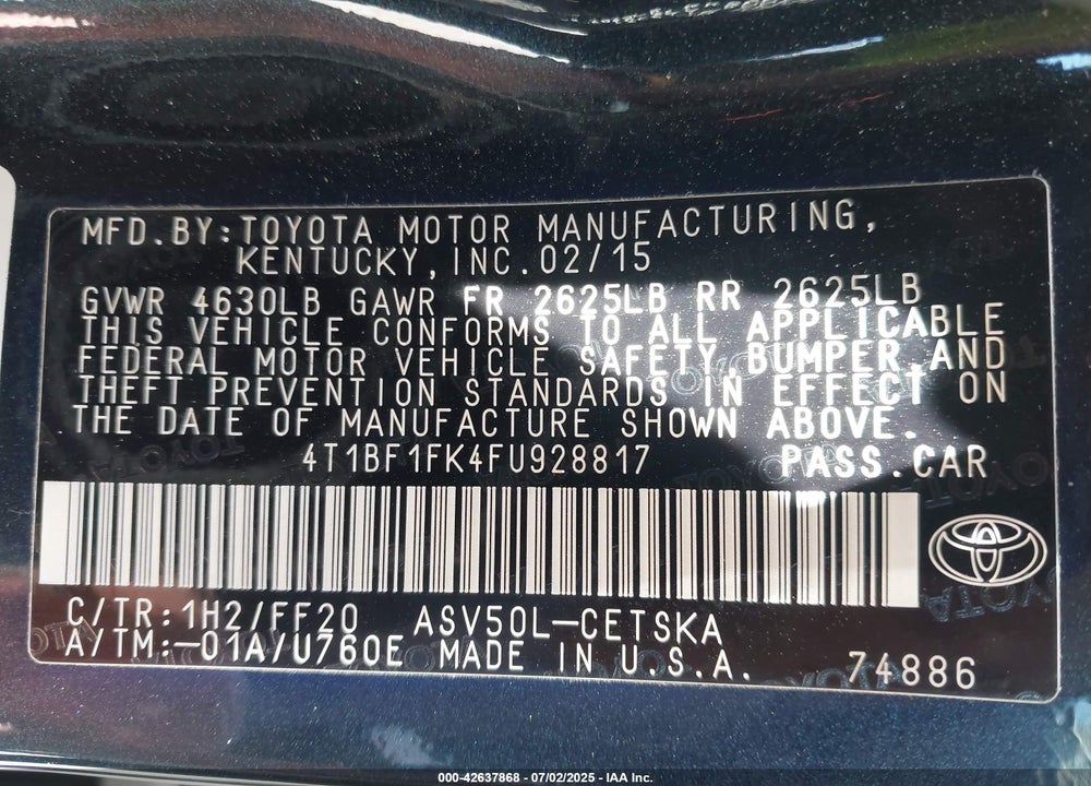 2015 TOYOTA CAMRY VIN: 4T1BF1FK4FU928817