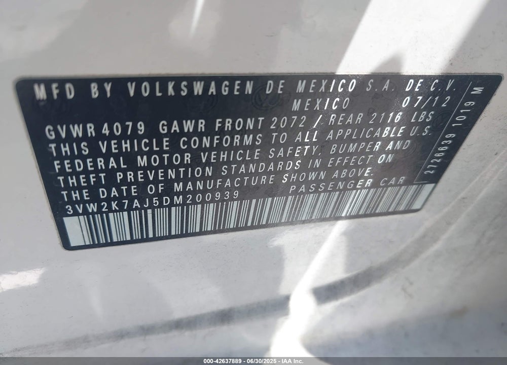 2013 VOLKSWAGEN JETTA VIN: 3VW2K7AJ5DM200939