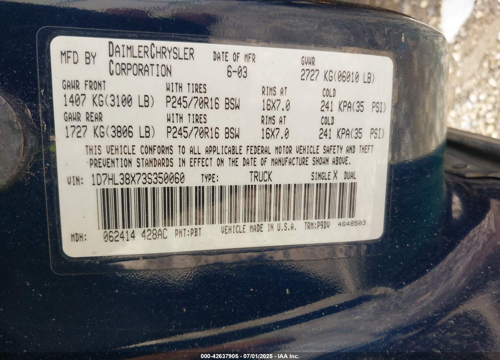 2003 DODGE DAKOTA SPORT/SXT VIN: 1D7HL38X73S350060