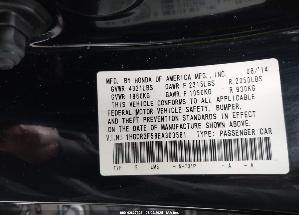 2014 HONDA ACCORD SPORT VIN: 1HGCR2F58EA303581