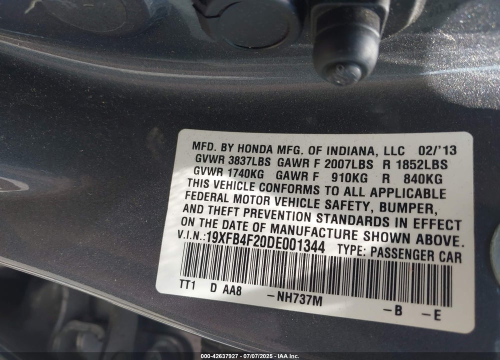 2013 HONDA CIVIC HYBRID VIN: 19XFB4F20DE001344