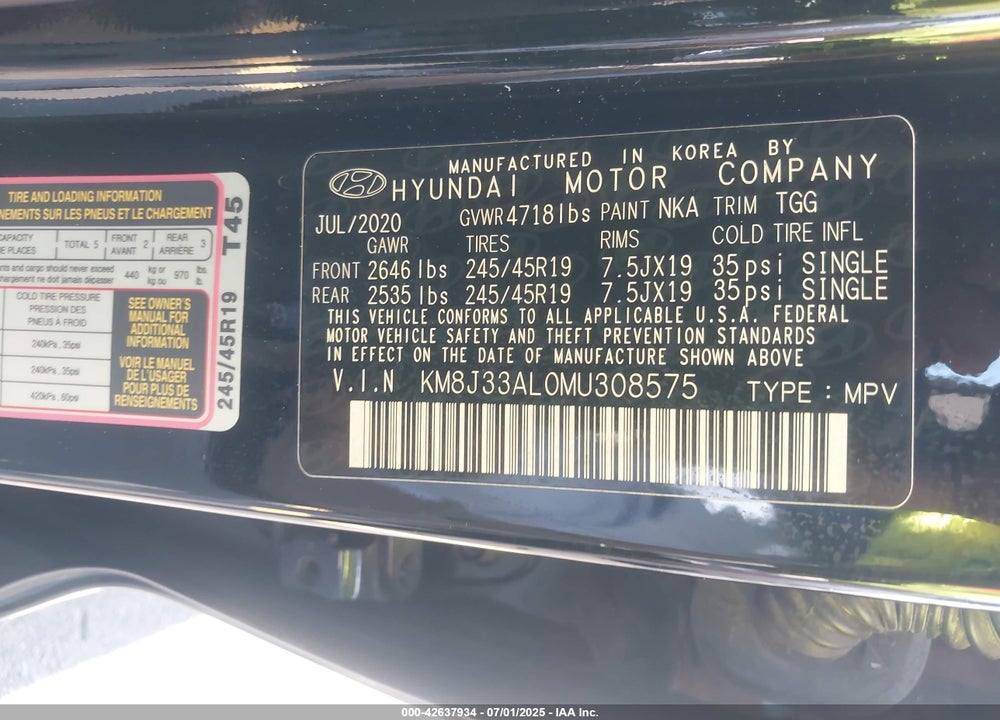 2021 HYUNDAI TUCSON VIN: KM8J33AL0MU308575