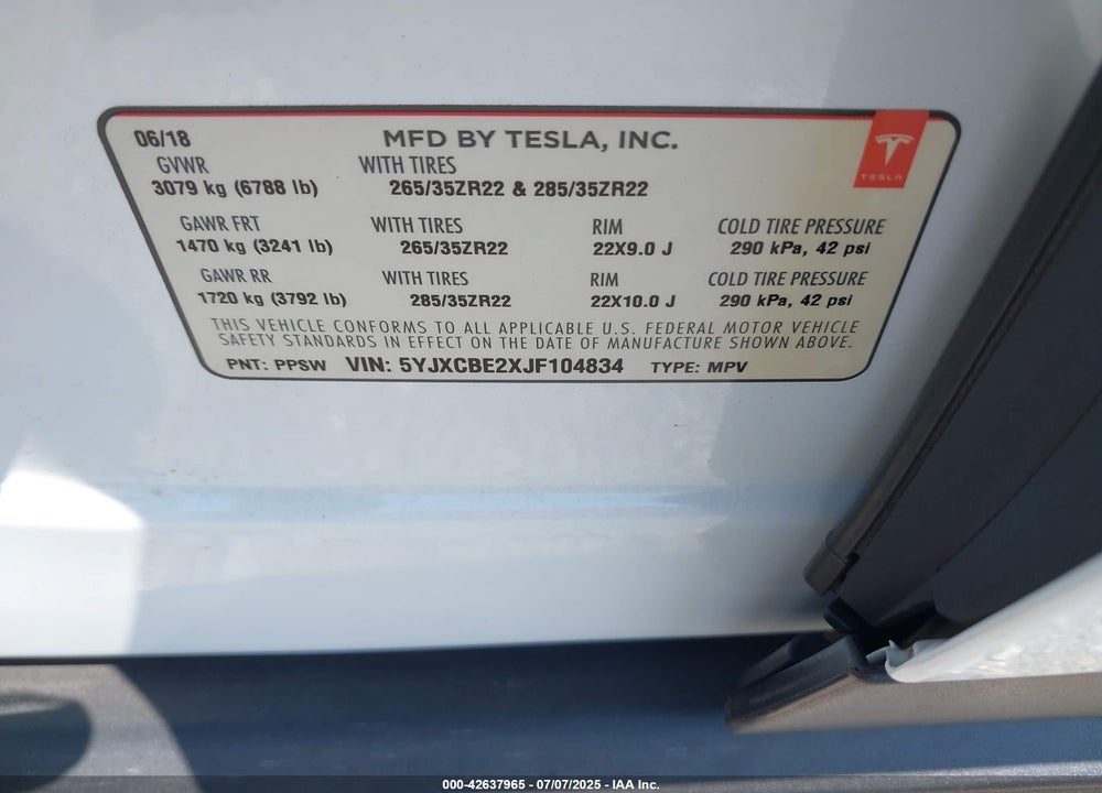 2018 TESLA MODEL X VIN: 5YJXCBE2XJF104834