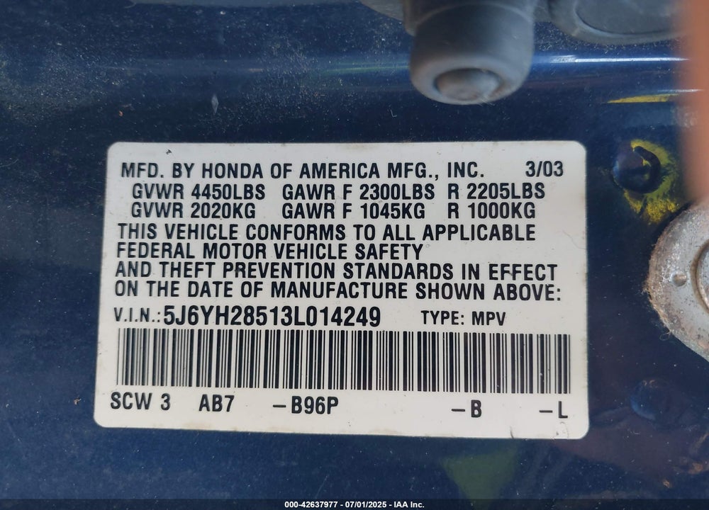 2003 HONDA ELEMENT EX VIN: 5J6YH28513L014249