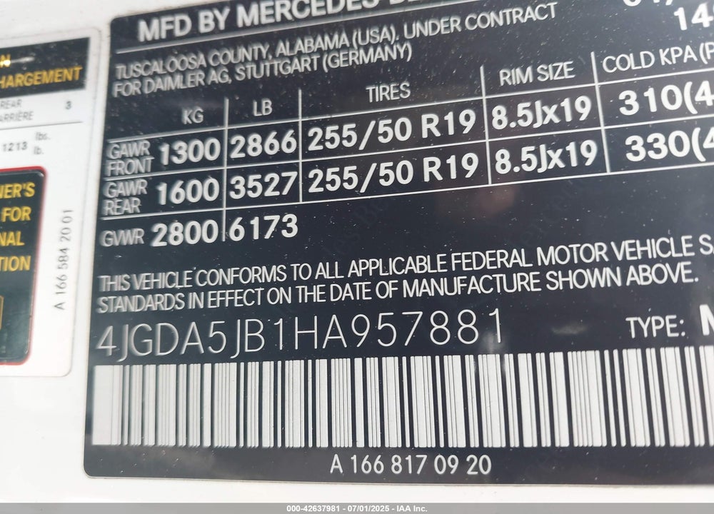 2017 MERCEDES-BENZ GLE CLASS VIN: 4JGDA5JB1HA957881
