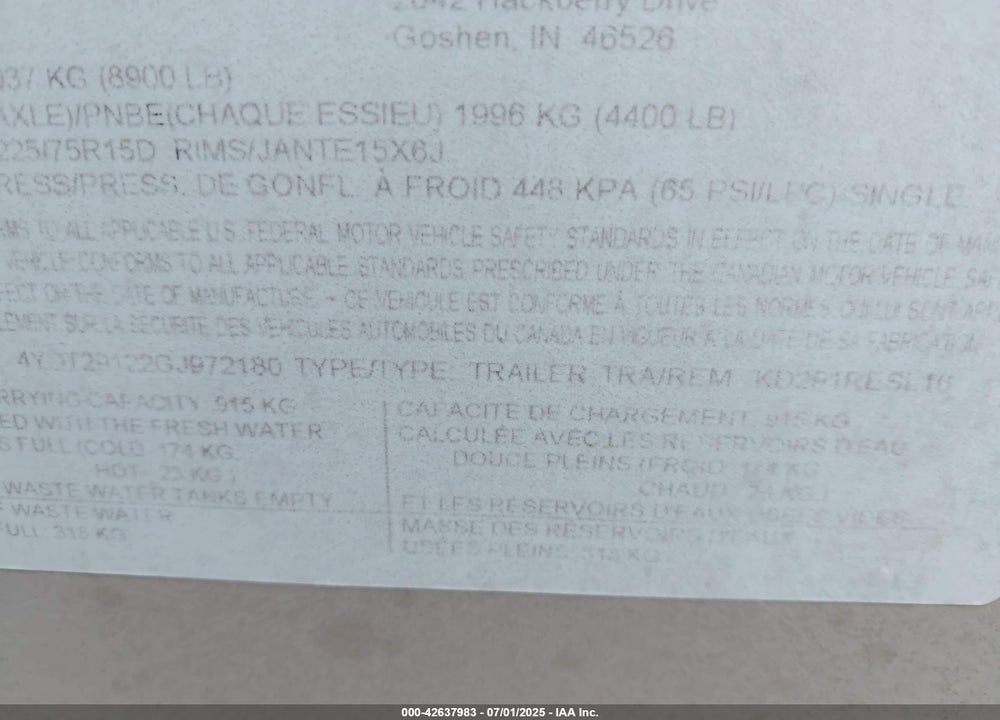 2016 KODIAK TRAVEL TRLR VIN: 4YDT29122GJ972180