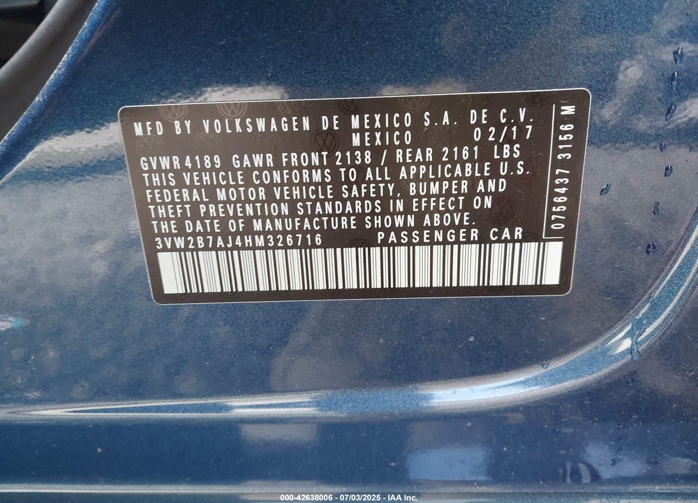 2017 VOLKSWAGEN JETTA VIN: 3VW2B7AJ4HM326716