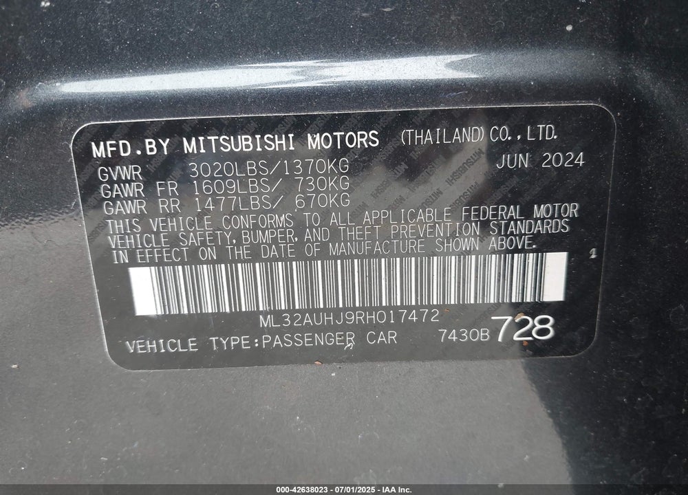 2024 MITSUBISHI MIRAGE VIN: ML32AUHJ9RH017472