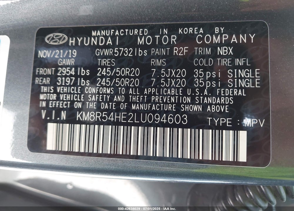 2020 HYUNDAI PALISADE LIMITED VIN: KM8R54HE2LU094603