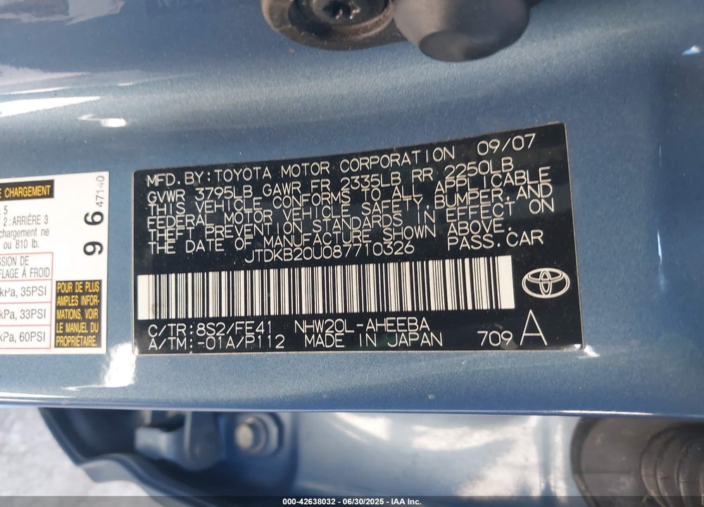 2008 TOYOTA PRIUS TOURING VIN: JTDKB20U087710326