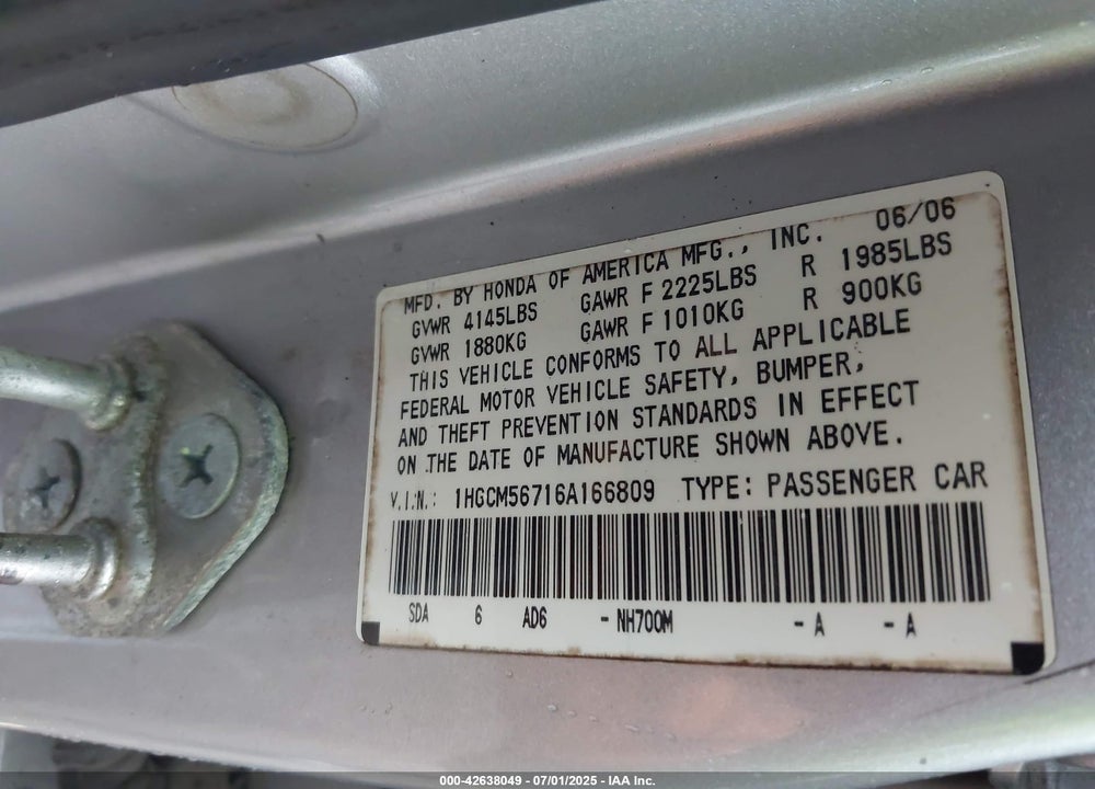 2006 HONDA ACCORD 2.4 EX VIN: 1HGCM56716A166809