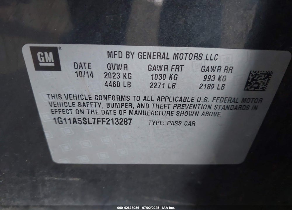 2015 CHEVROLET MALIBU VIN: 1G11A5SL7FF213287