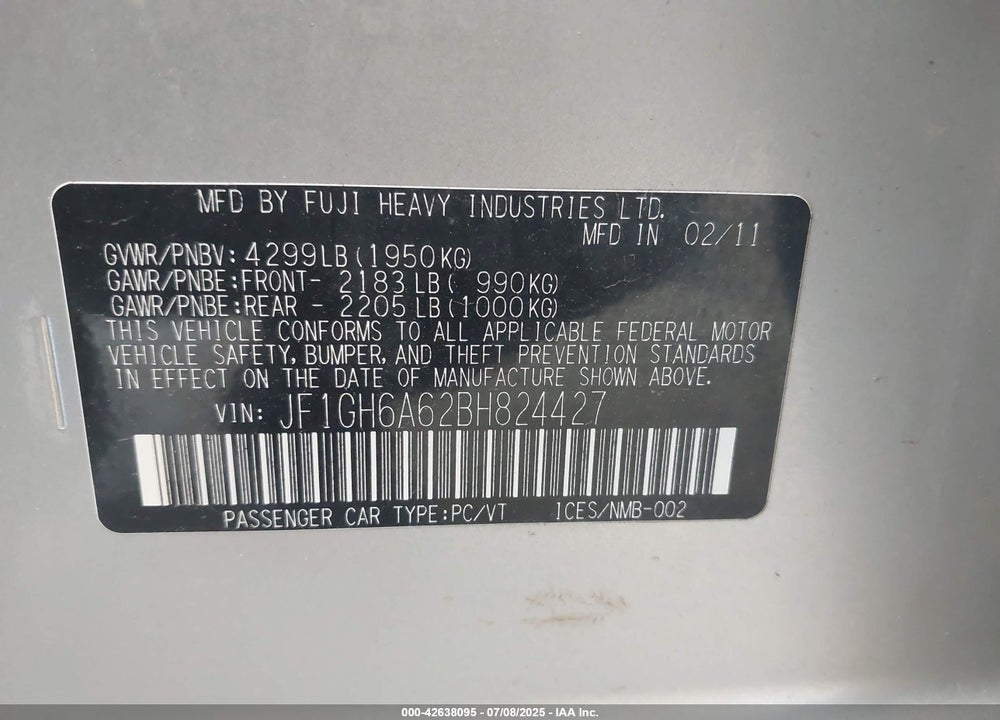 2011 SUBARU IMPREZA VIN: JF1GH6A62BH824427